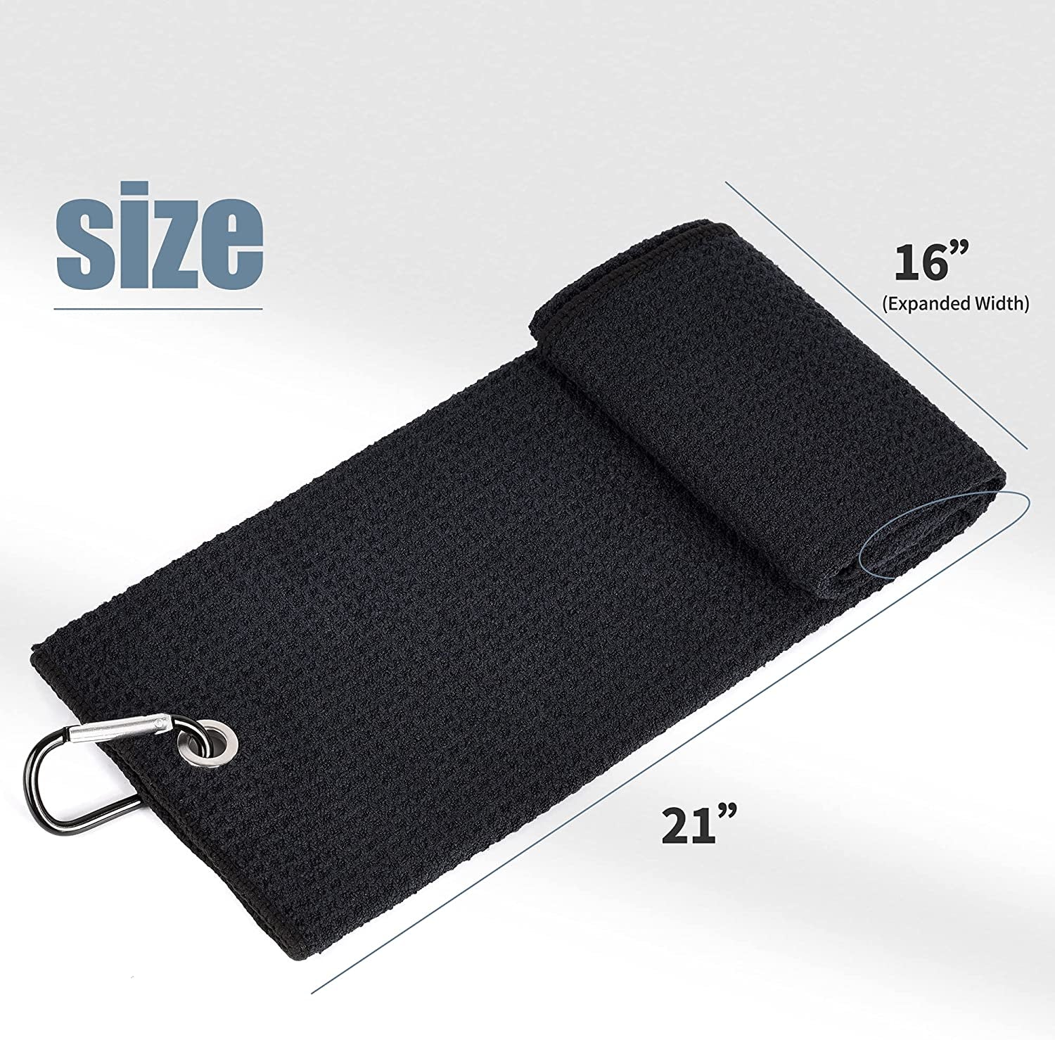 Black microfiber golf towel with brush kit featuring carabiner clip and 21 by 16 inch size