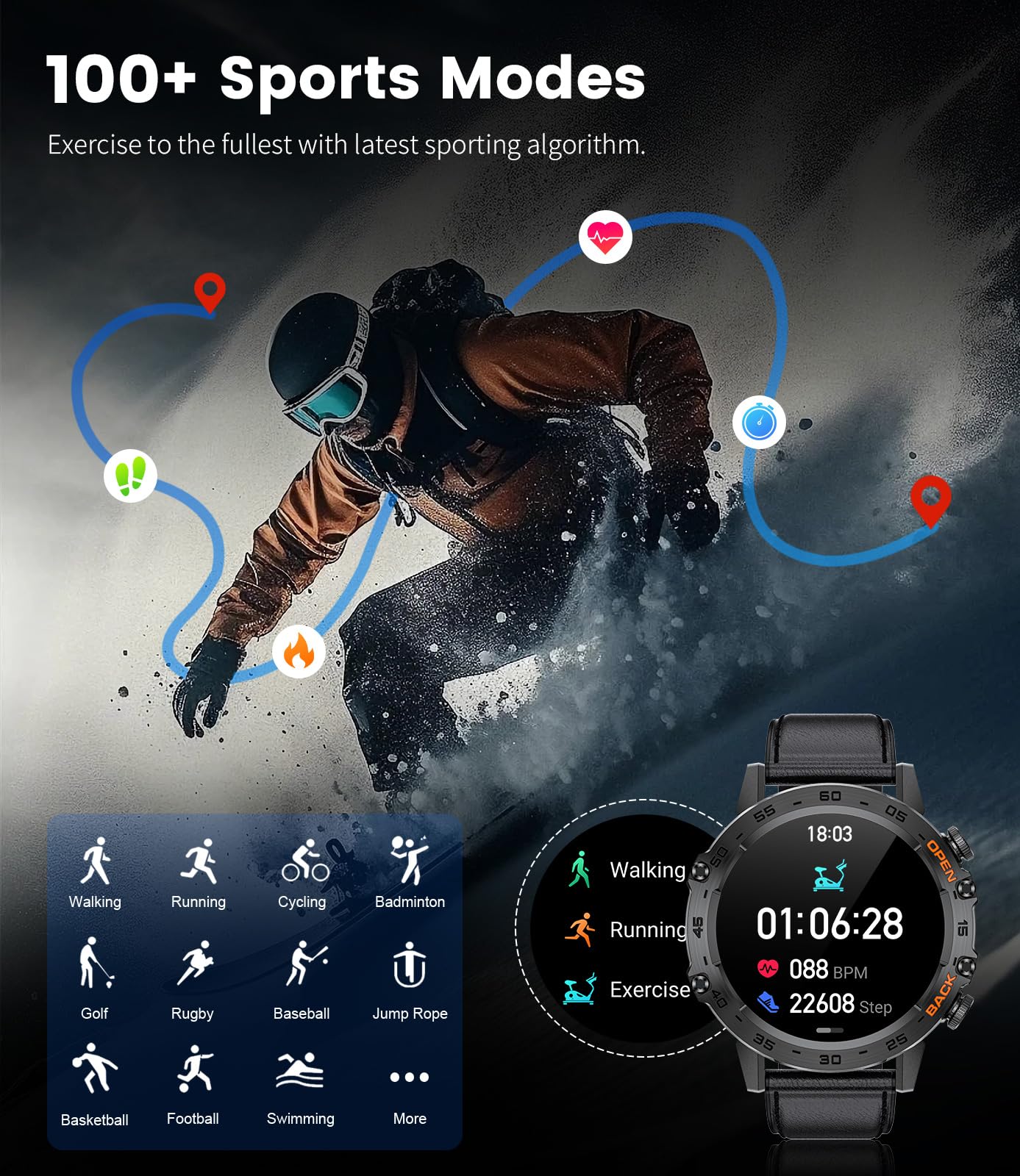 craques military smart watch for men with 100 plus sports modes including running cycling and swimming