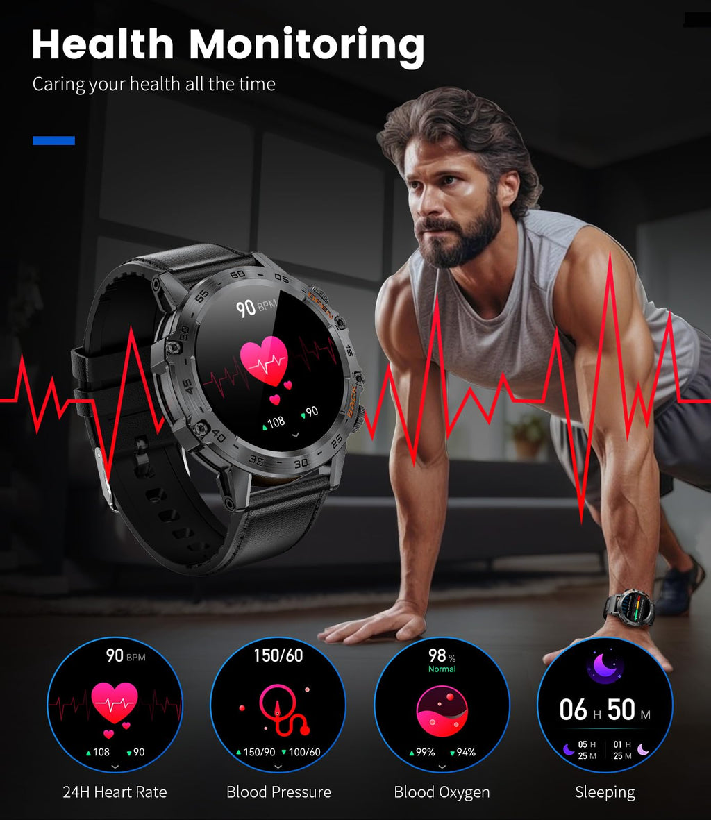 Craques military smart watch for men showing health monitoring features like heart rate blood pressure blood oxygen and sleep tracking