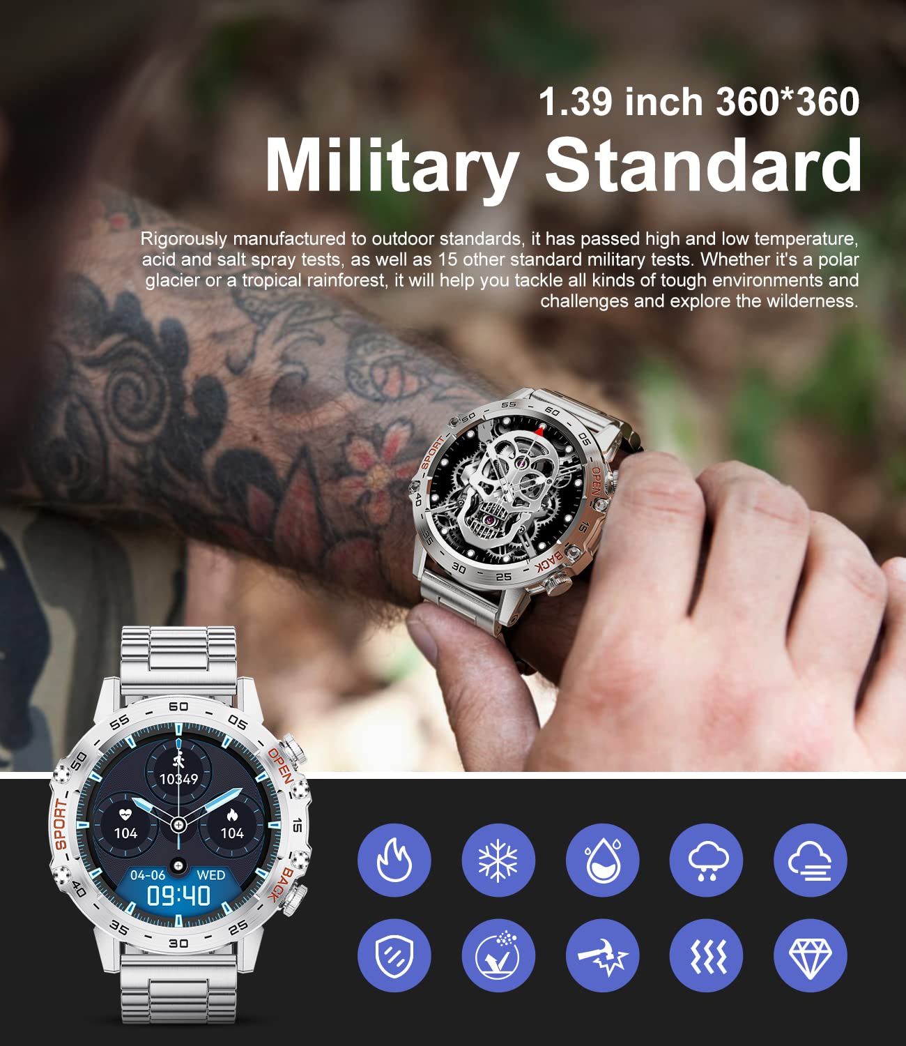 craques military smart watch for men with 1.39 inch display and military standard durability