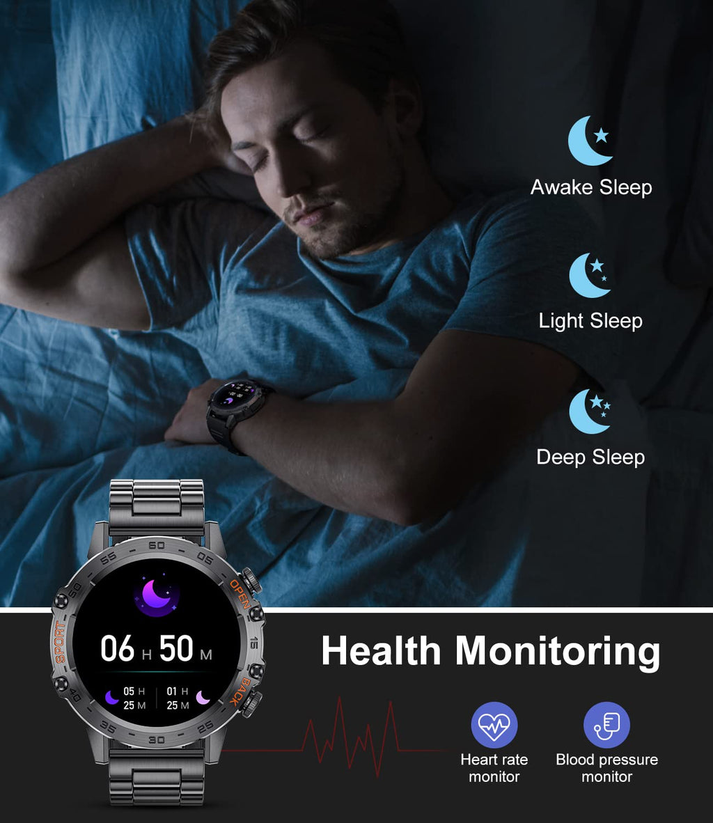 Military smart watch for men with health monitoring features showing sleep stages heart rate and blood pressure