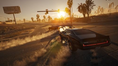 Screenshot from Mindseye PS5 game showing futuristic cars drifting on a sunlit desert road with palm trees