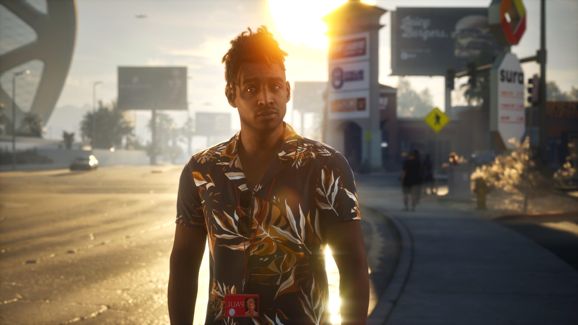 Character from Mindseye PS5 game standing on a sunlit city street wearing a floral shirt