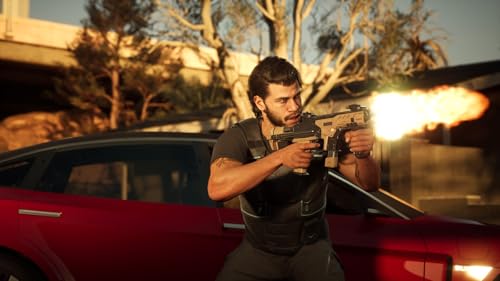 Action scene from Mindseye PS5 game showing a character firing a gun near a red car in a desert setting