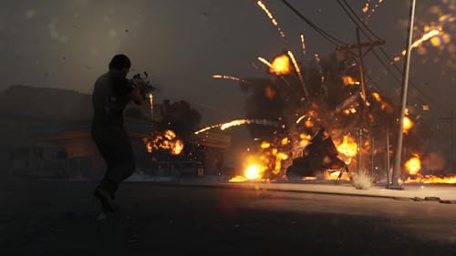 Explosive action scene from Mindseye PS5 game showing a character firing a weapon amid fiery explosions