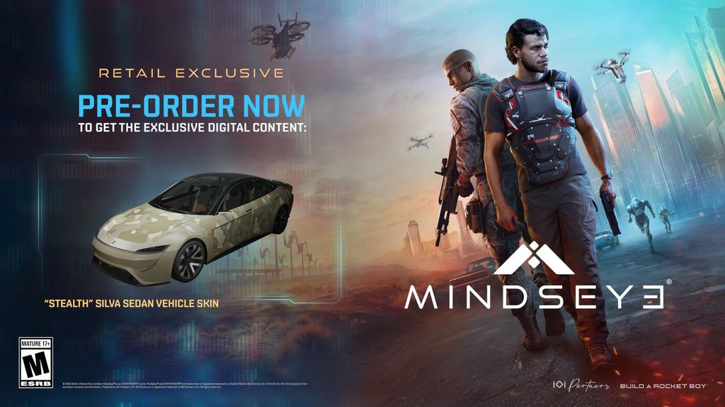 Mindseye PS5 game pre-order ad with characters and stealth Silva sedan vehicle skin from Craques
