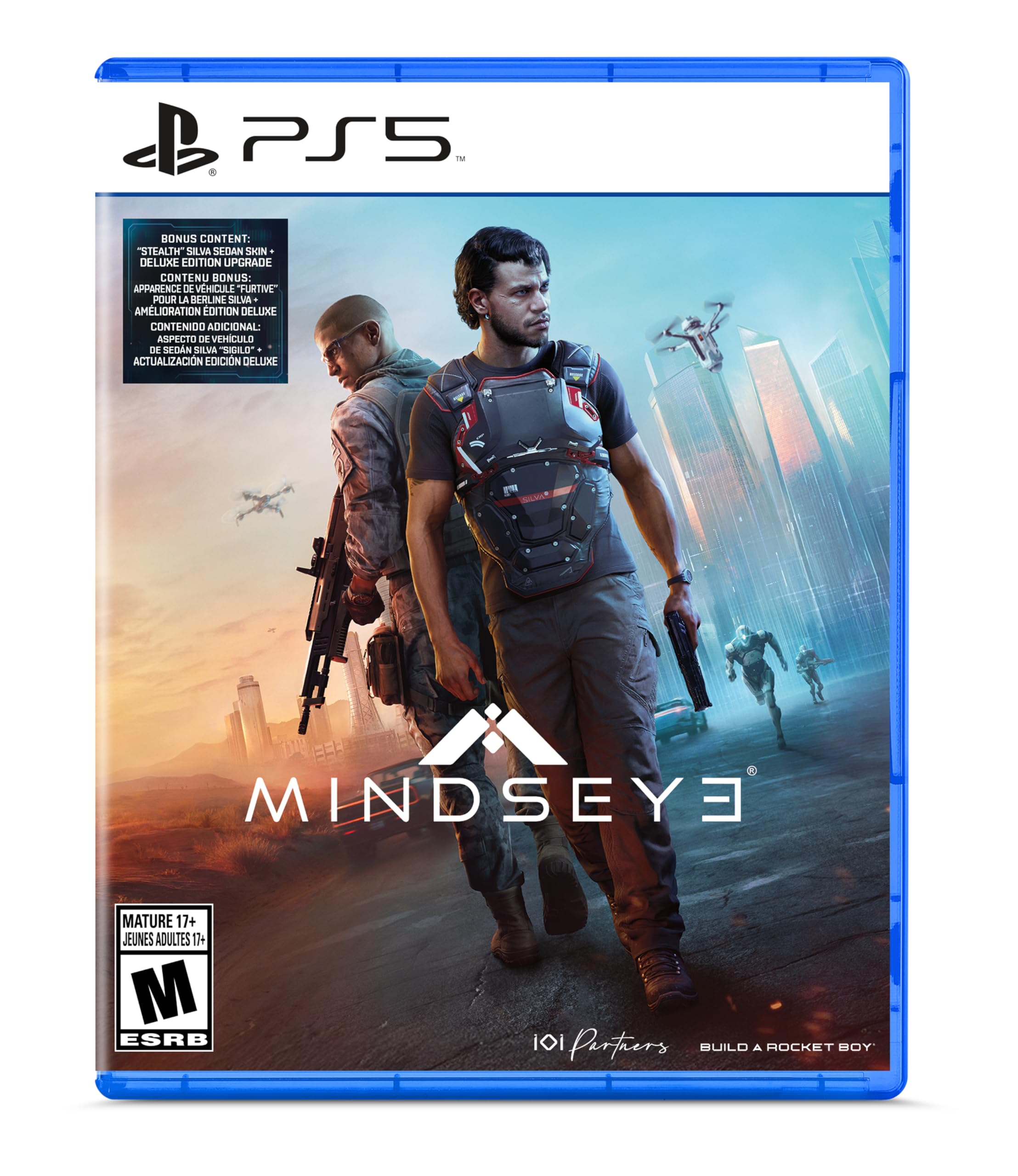 Mindseye PS5 game cover featuring two armed characters against a futuristic cityscape background