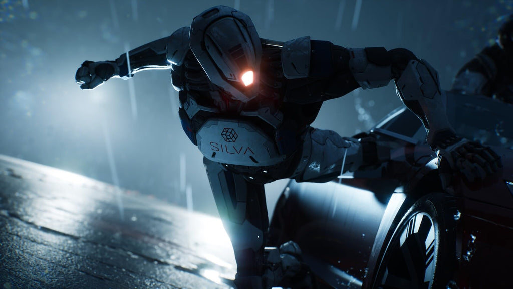 Futuristic armored character in action scene from Mindseye PS5 game by craques