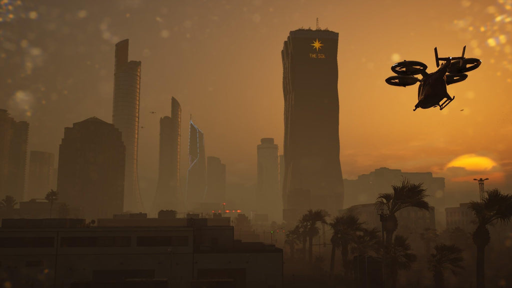 A futuristic cityscape at sunset featuring a drone flying near tall skyscrapers in Mindseye PS5 game