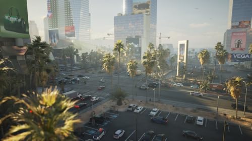 Mindseye PS5 game showing a detailed urban cityscape with palm trees and modern buildings