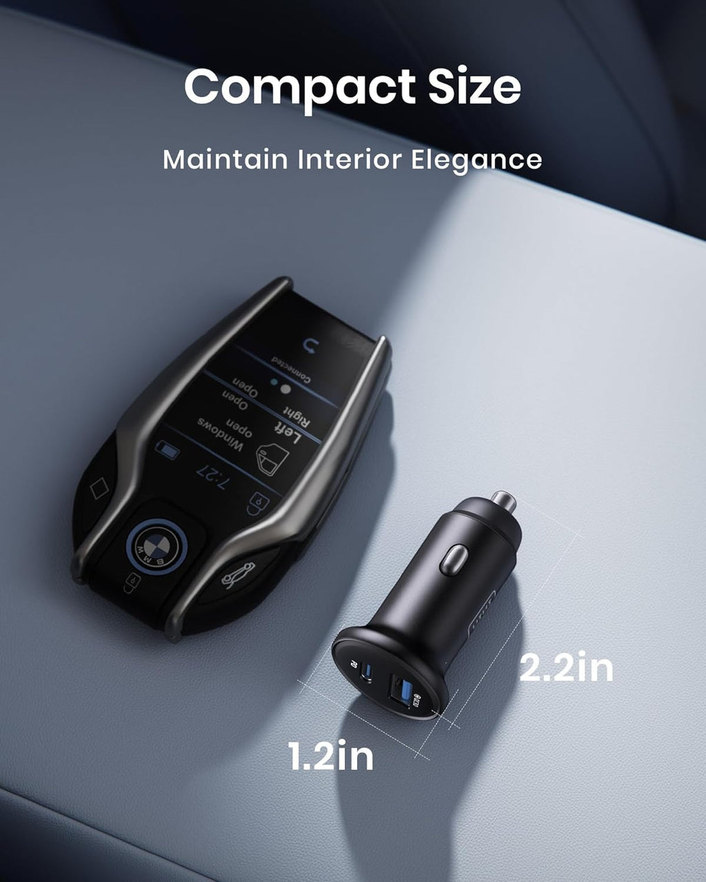 Compact black usb c car charger fast charging device measuring 2.2 by 1.2 inches for car interior