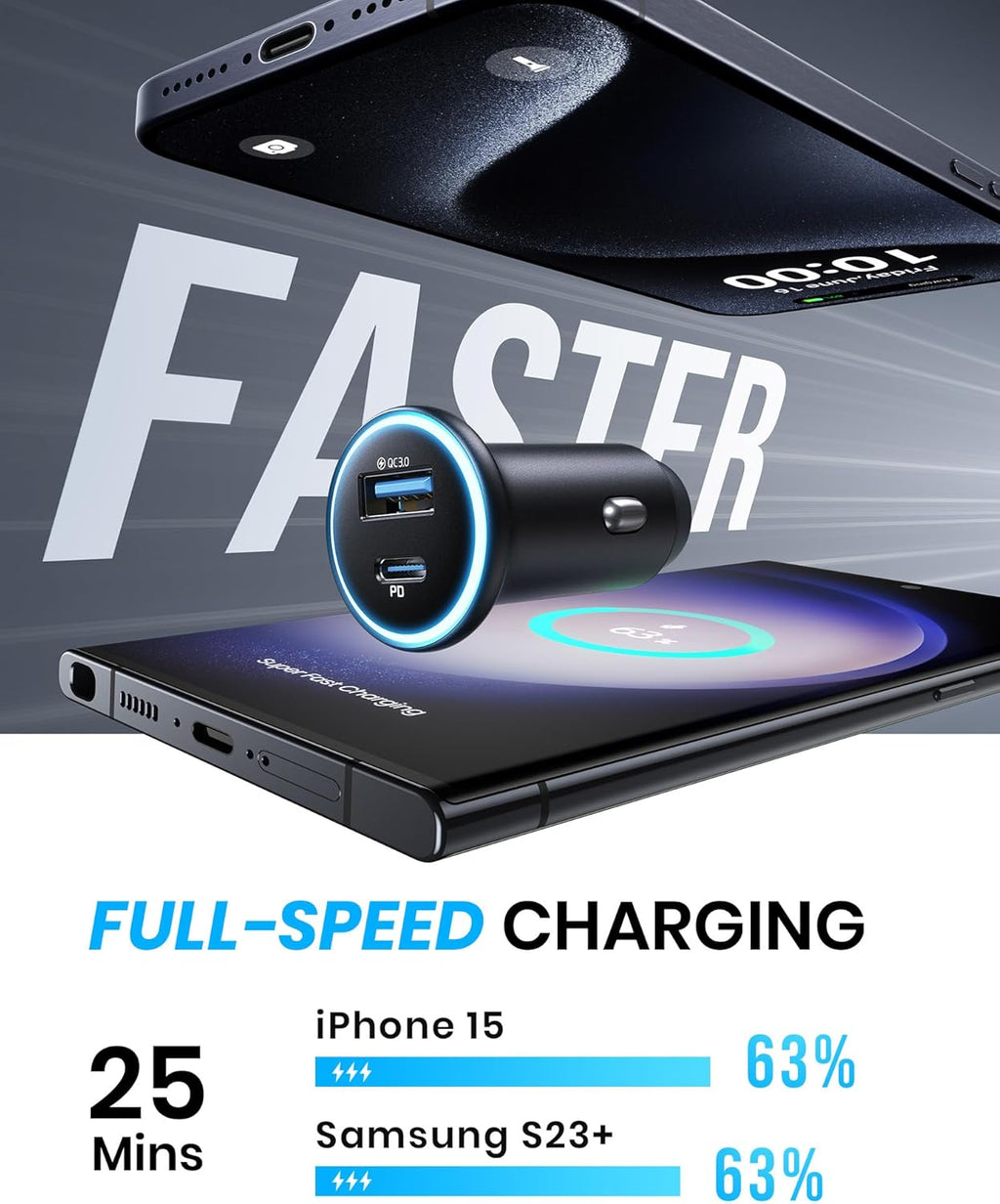 Craques usb c car charger fast charging with dual ports charging iPhone 15 and Samsung S23 plus
