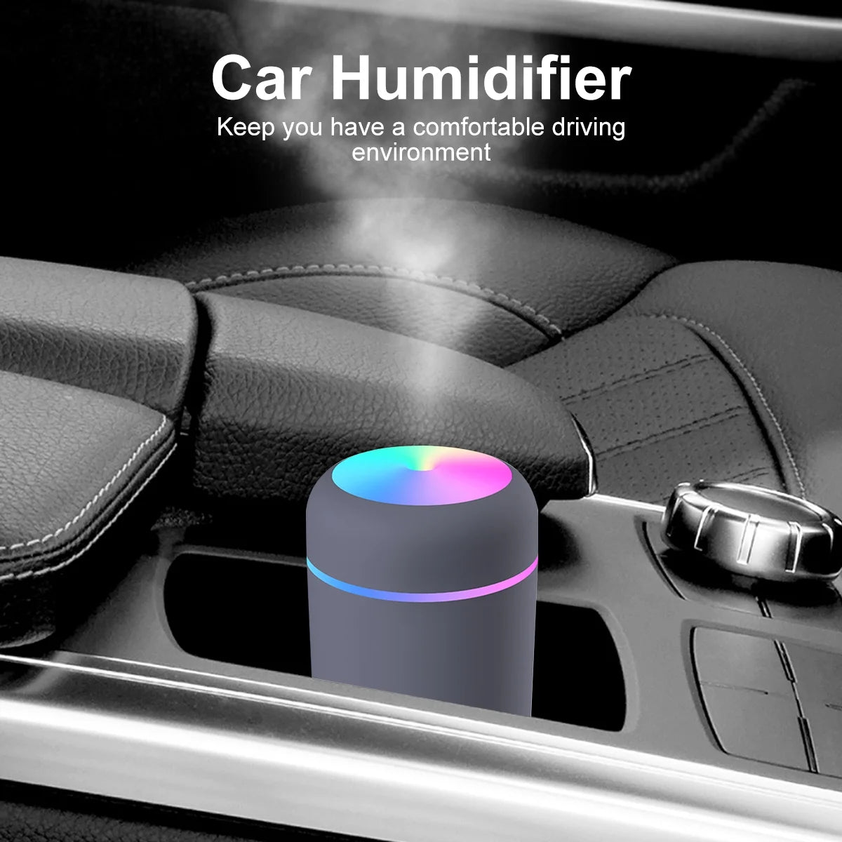 Craques mini USB humidifier for desk placed in a car cup holder releasing mist with colorful top light