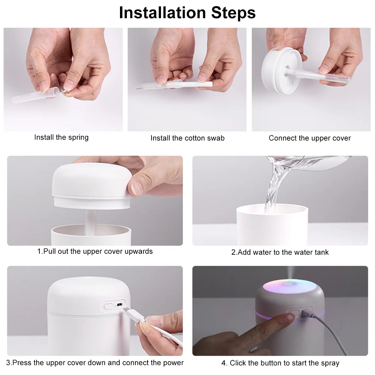 Step-by-step installation guide for craques mini USB humidifier for desk including spring, cotton swab, cover, water filling, and power connection