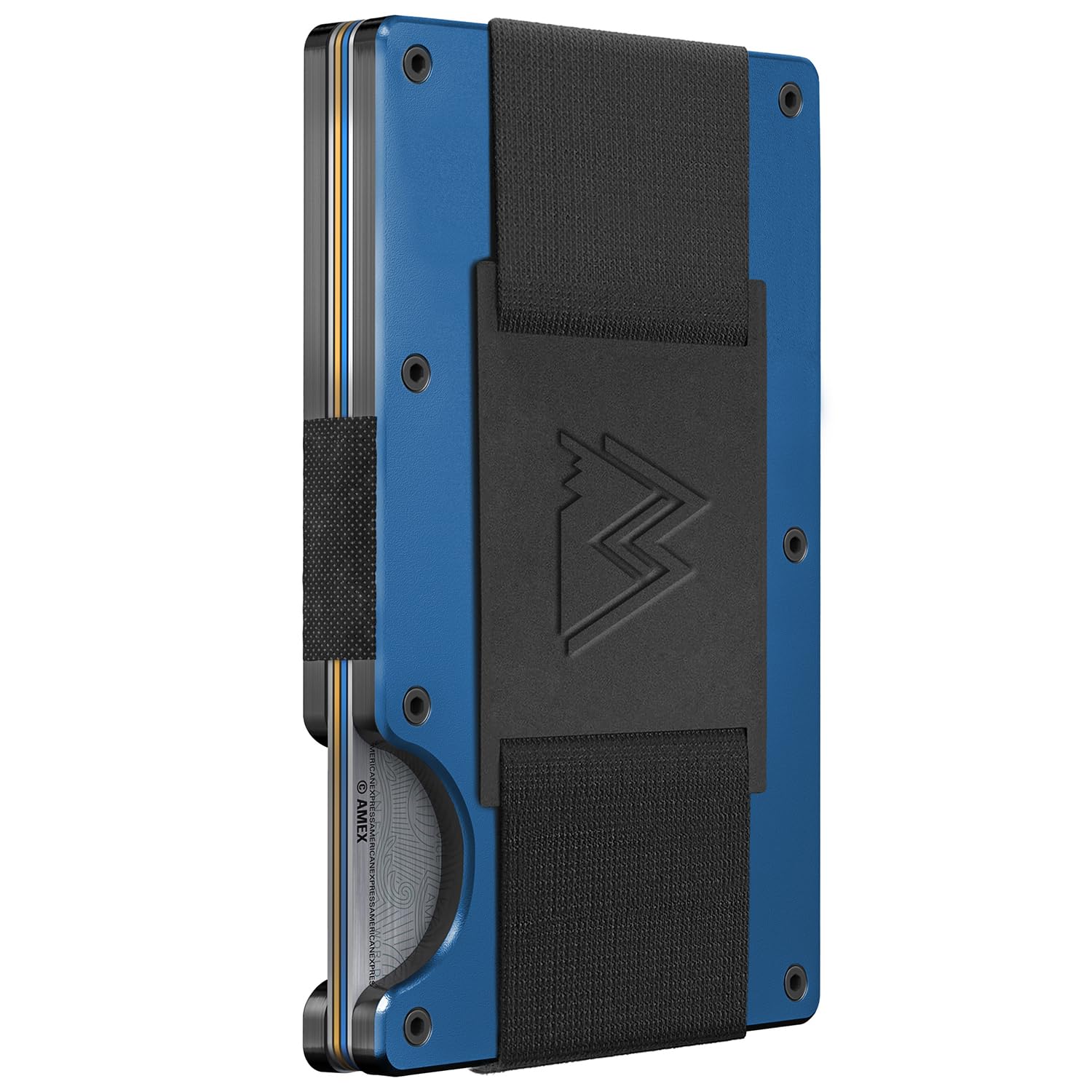 Blue and black craques RFID blocking minimalist wallet with metal frame and elastic band closure