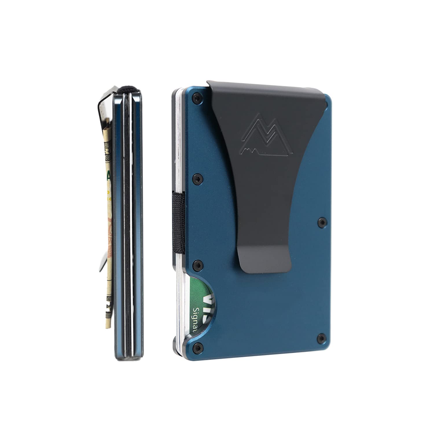 Craques RFID blocking minimalist wallet in blue with black money clip and card storage