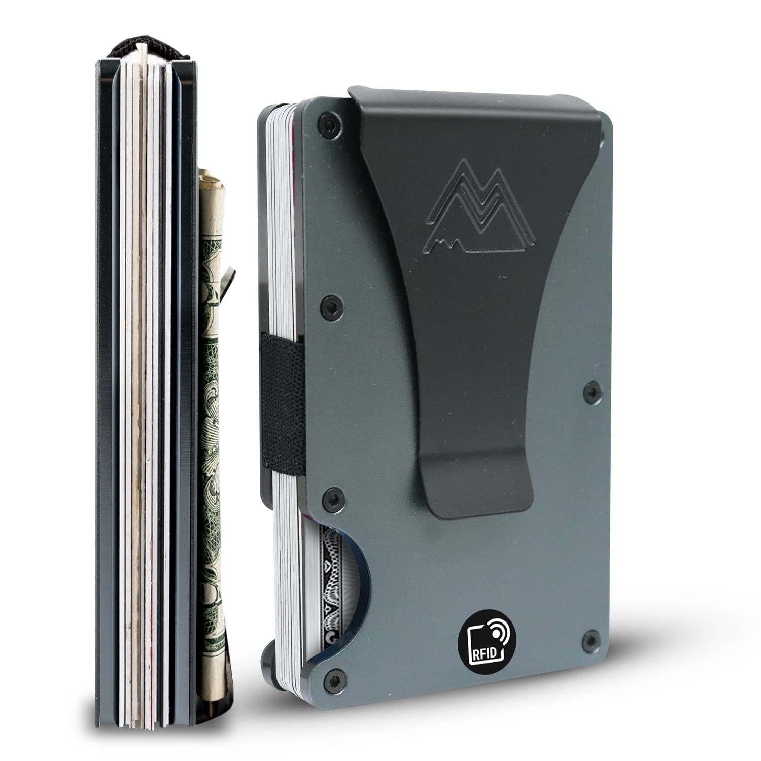 Craques RFID blocking minimalist wallet with metal case and money clip holding cash and cards
