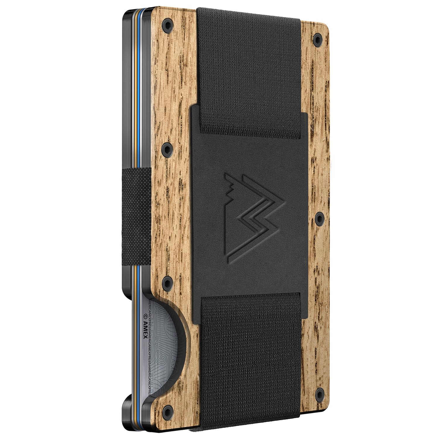 Craques RFID blocking minimalist wallet with wood finish and black elastic strap for secure card storage