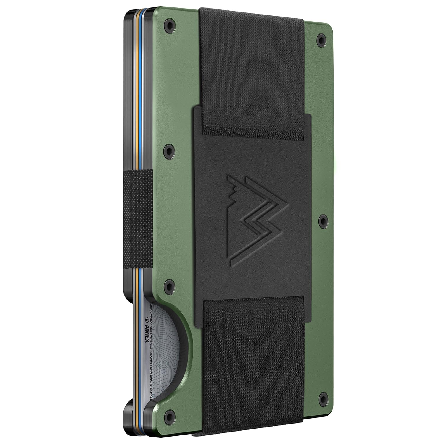 Craques RFID blocking minimalist wallet in green with black elastic strap and slim metal design