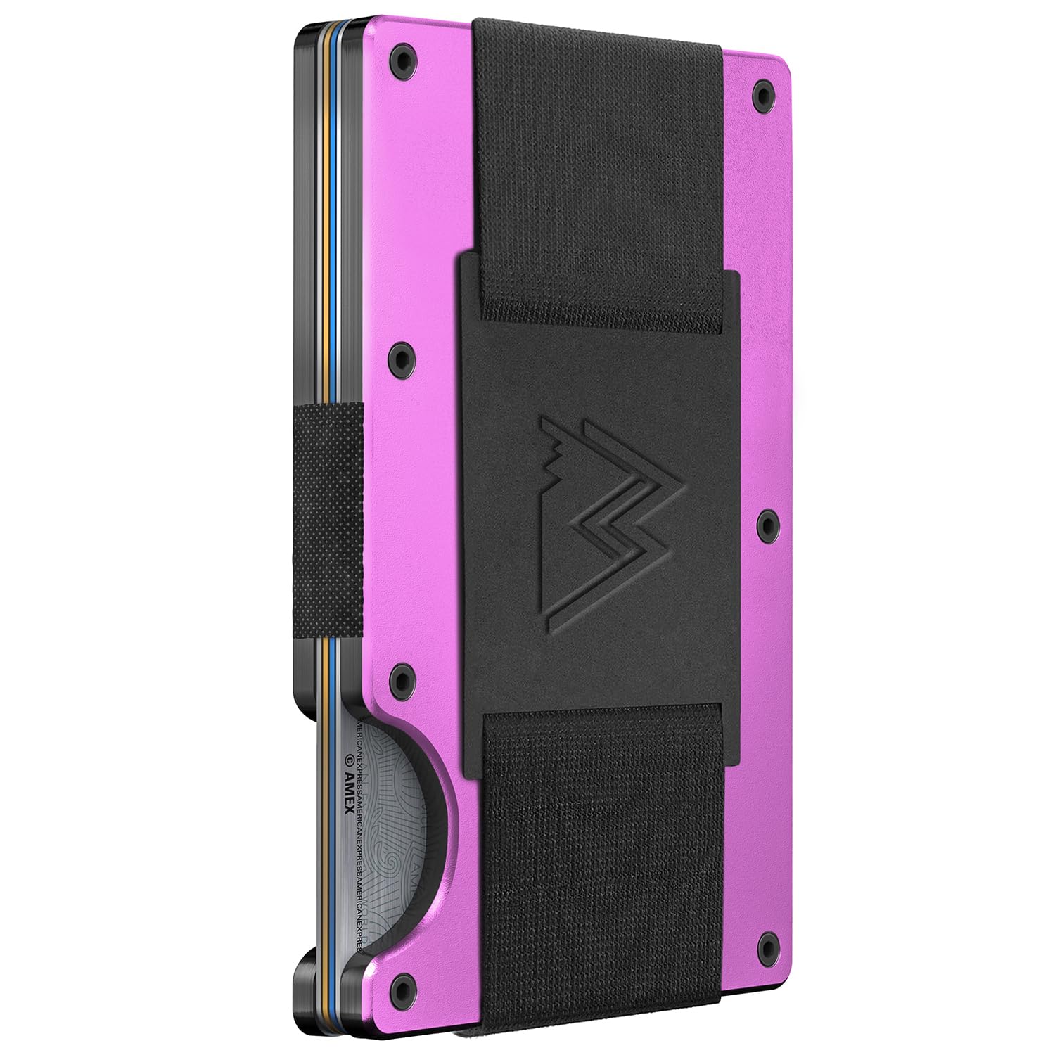 craques RFID blocking minimalist wallet in purple with black elastic strap and metal frame