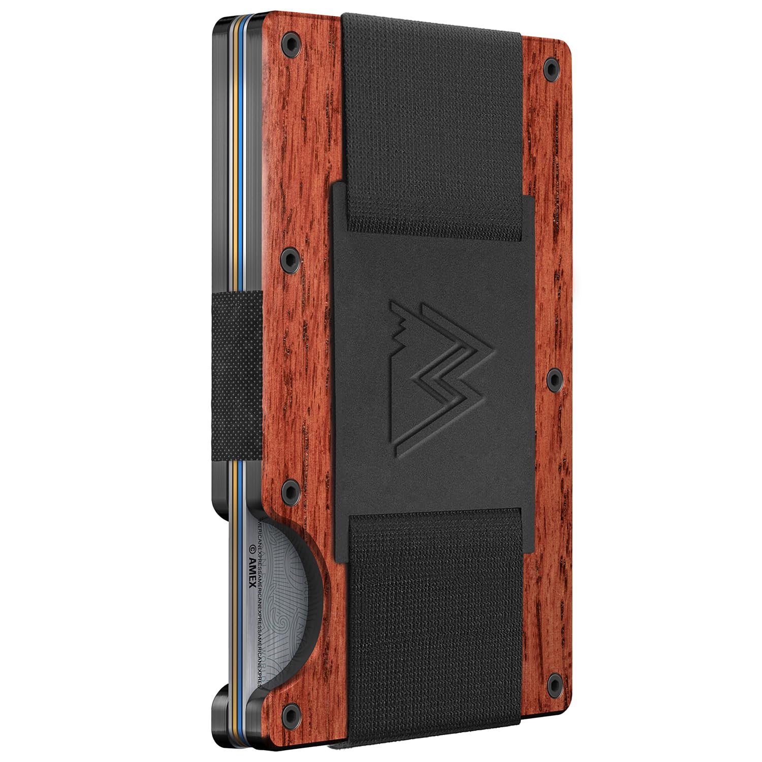 Craques RFID blocking minimalist wallet with wooden exterior and black elastic strap for secure card storage