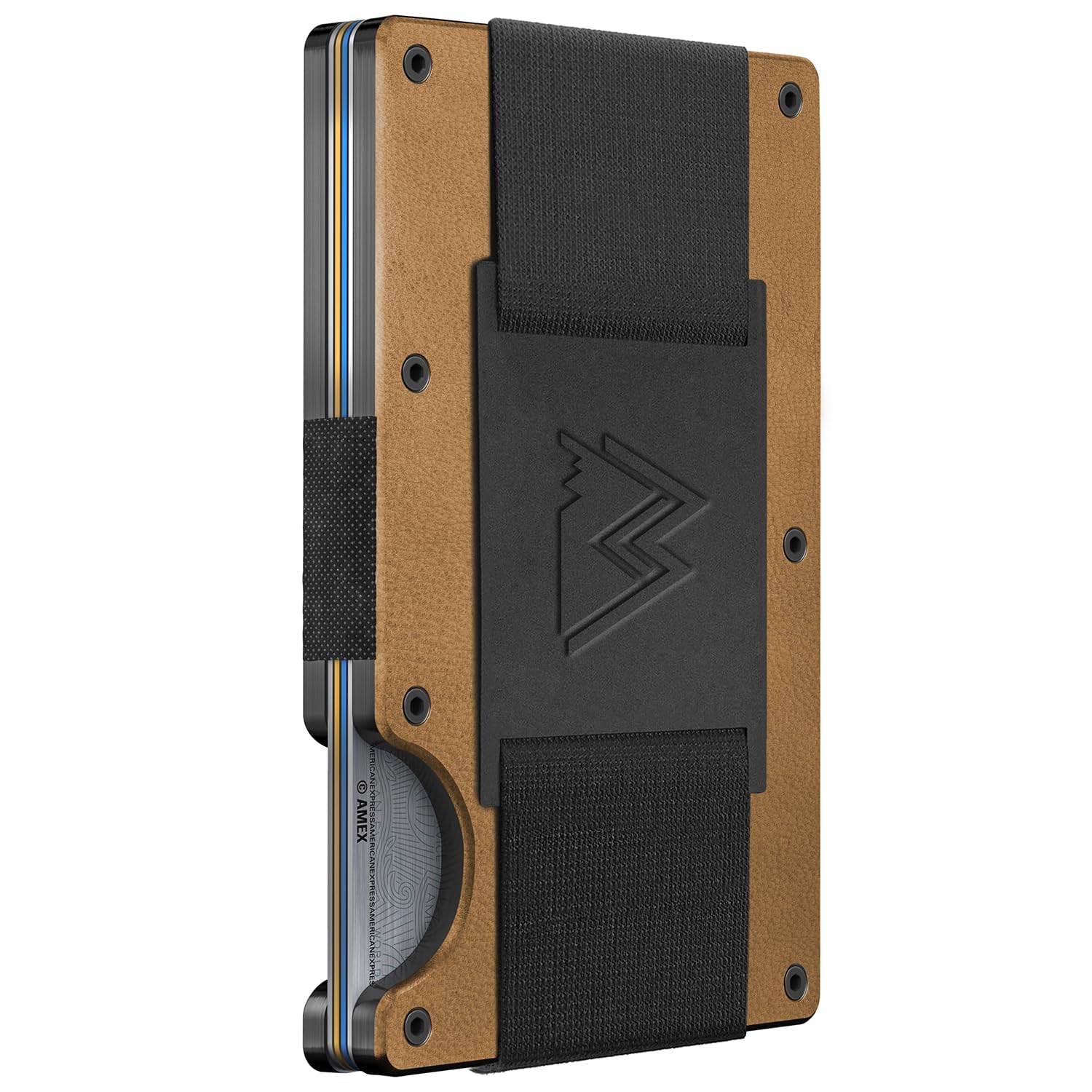 Craques RFID blocking minimalist wallet in brown with black elastic strap and metal card holder