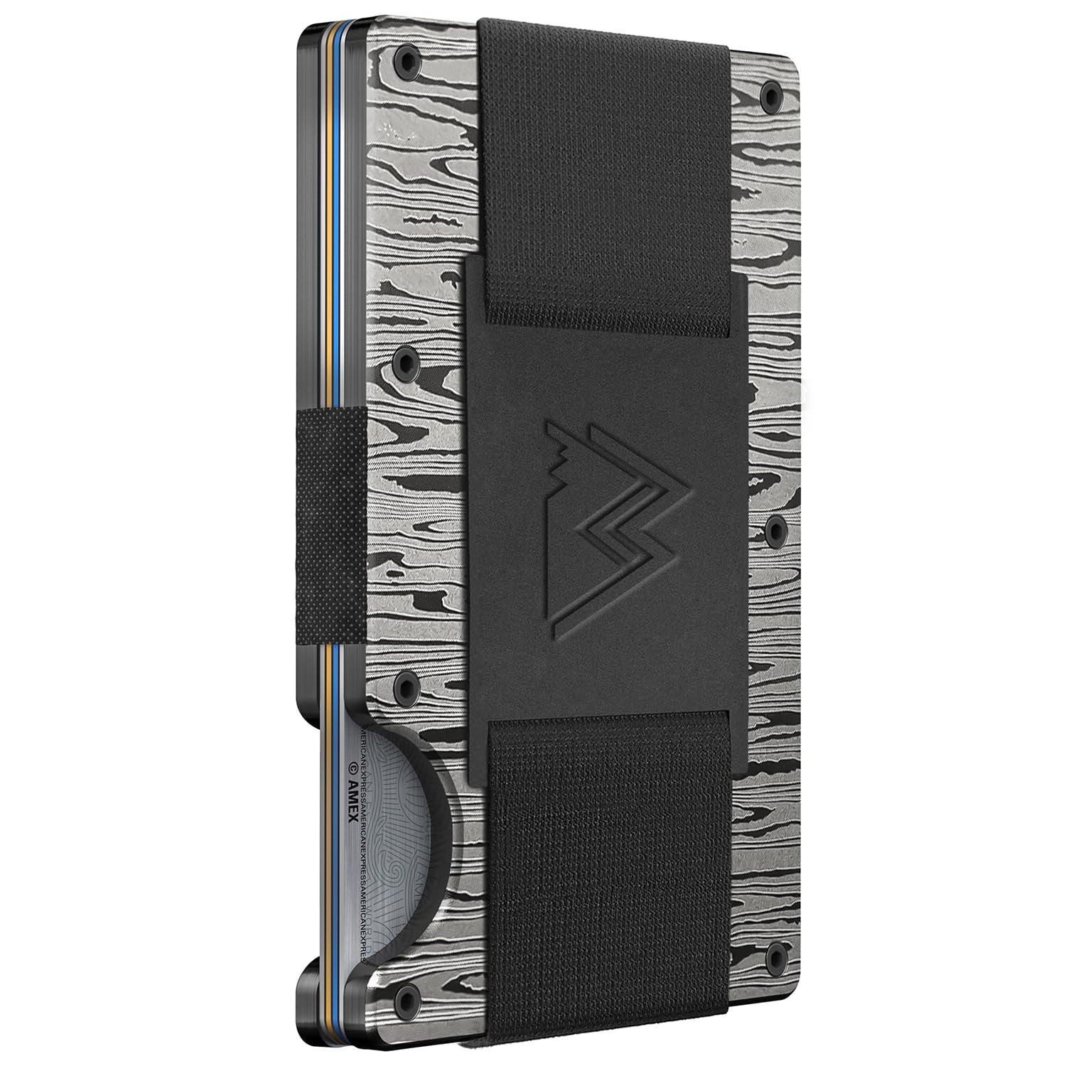Craques RFID blocking minimalist wallet with metal wood grain design and black elastic strap