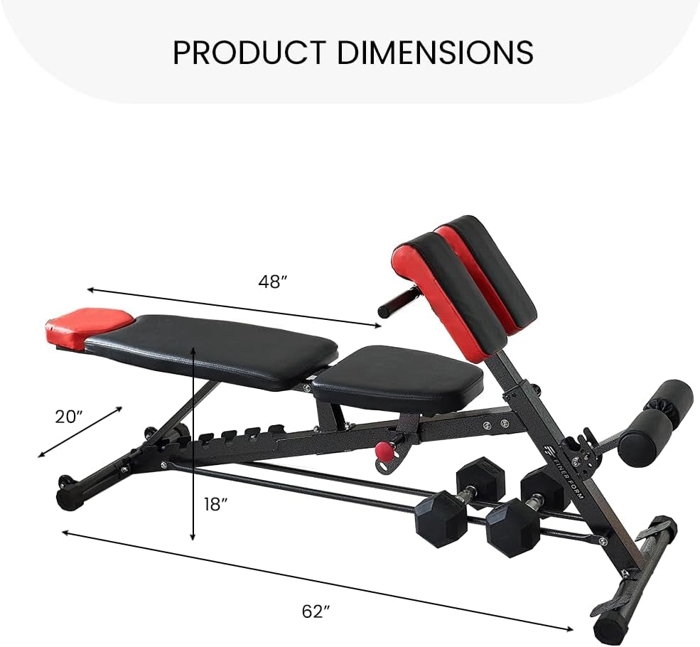 Craques multi-functional weight bench for home gym with black and red padding showing product dimensions