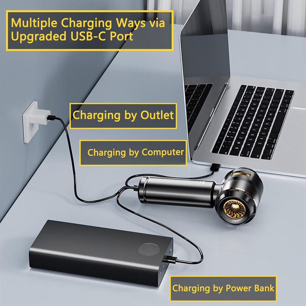 Craques cordless car vacuum cleaner charging via USB-C port from outlet laptop and power bank