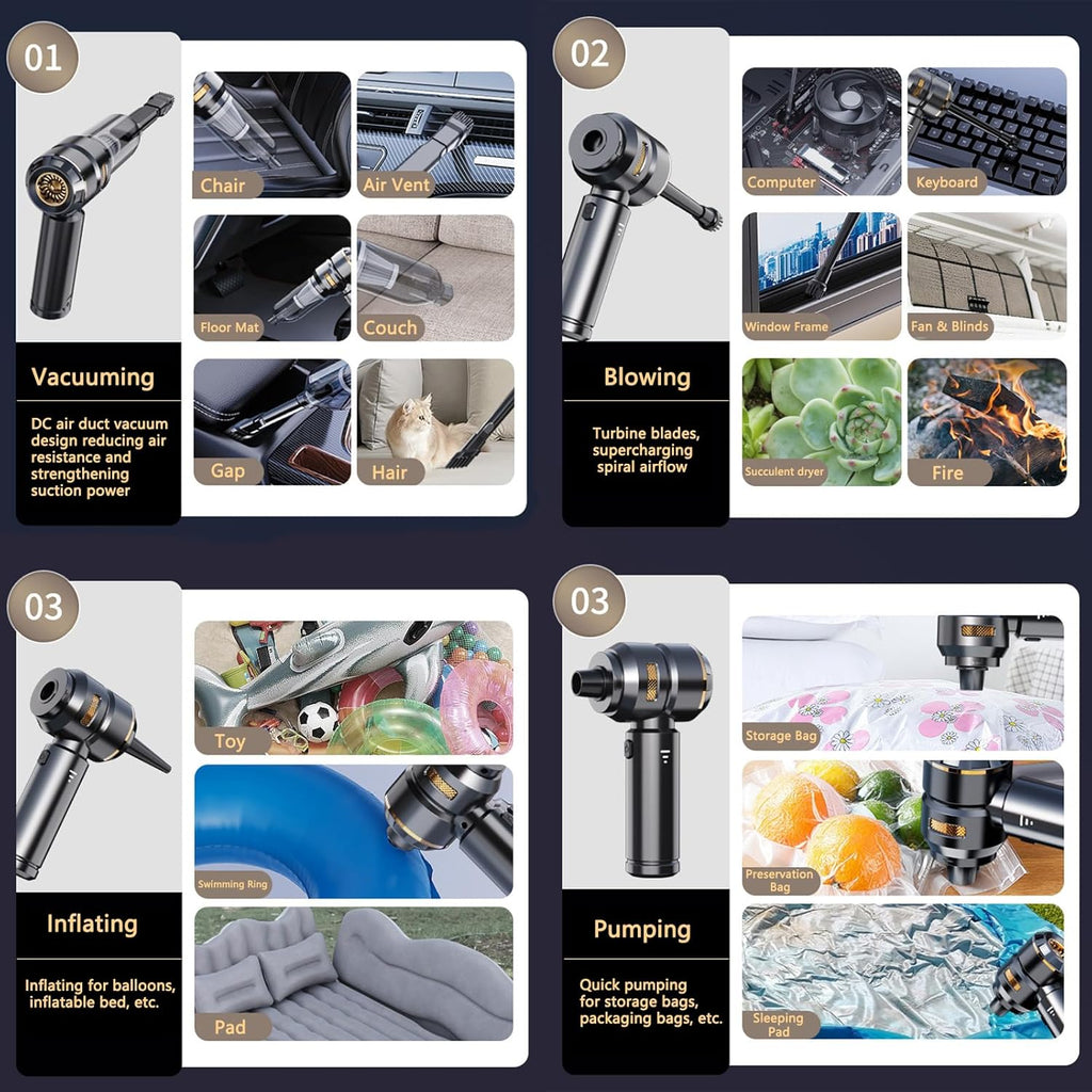 Craques cordless car vacuum cleaner with multi-function use for vacuuming, blowing, inflating, and pumping