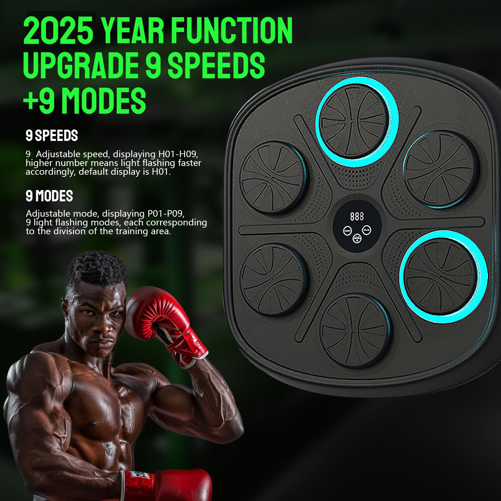 Music boxing machine with 9 speed and 9 mode functions alongside muscular man wearing red boxing gloves