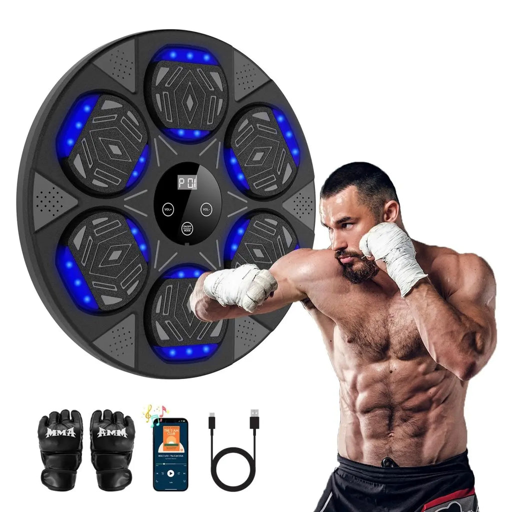 Craques music boxing machine for home with LED pads, boxing gloves, and USB charging cable