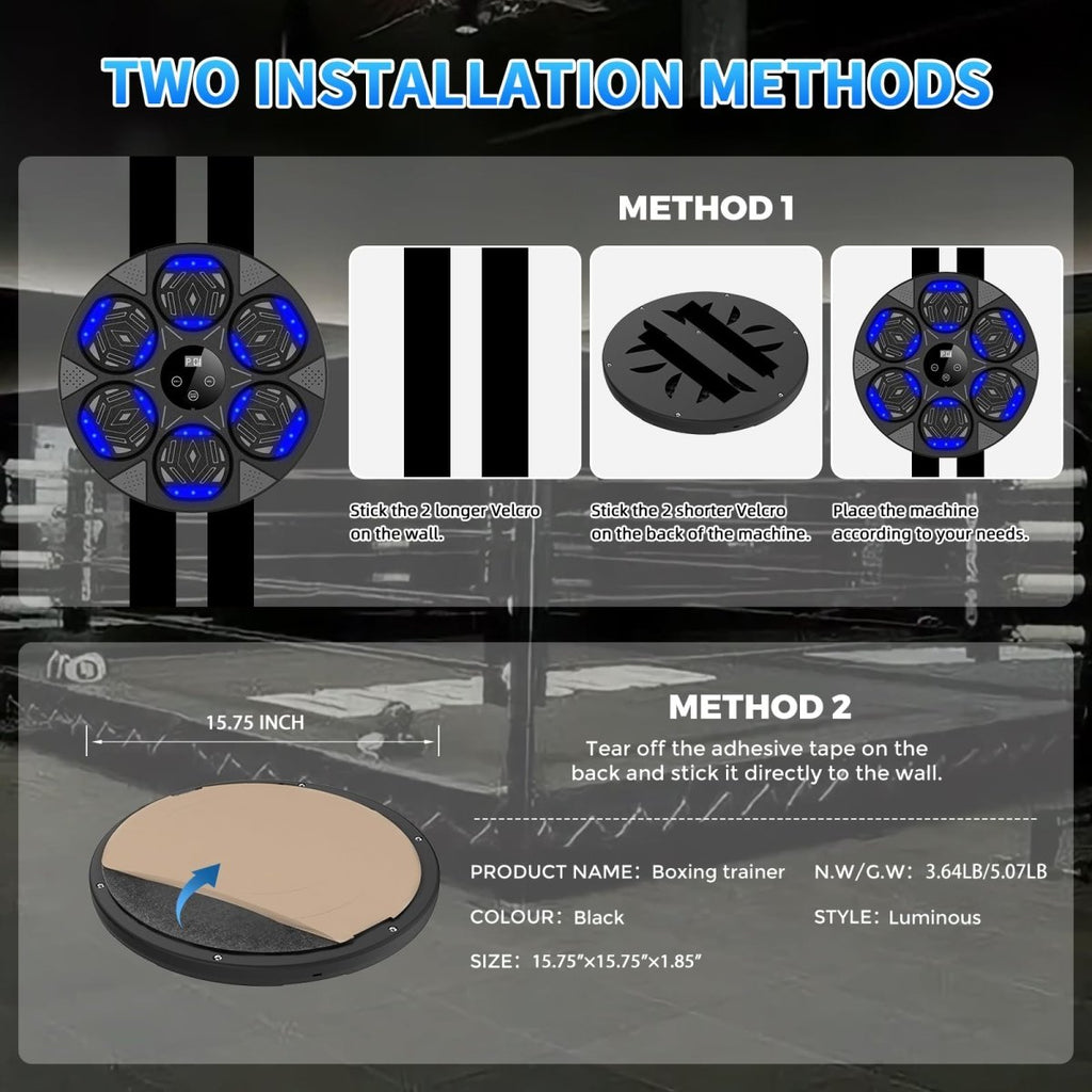 Music boxing machine for home showing two installation methods with velcro strips and adhesive tape