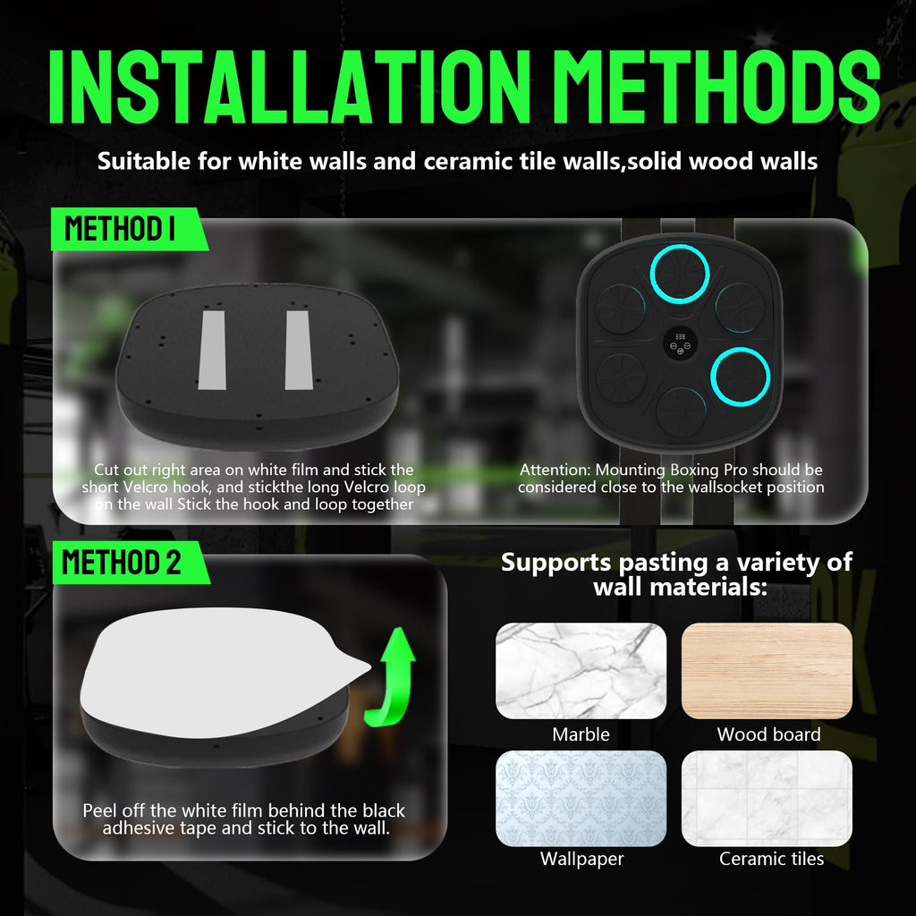 Installation methods for music boxing machine on white walls, ceramic tiles, wood, marble, wallpaper