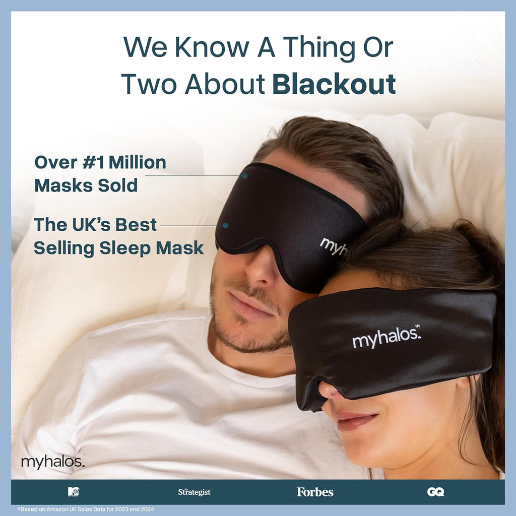 Couple wearing 100 percent blackout sleep mask for complete darkness and better sleep