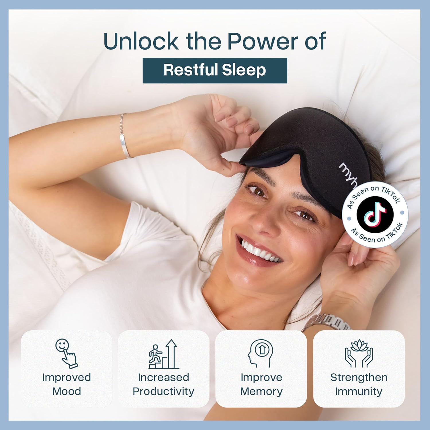 Craques 100 percent blackout sleep mask worn by smiling woman lying on bed for restful sleep