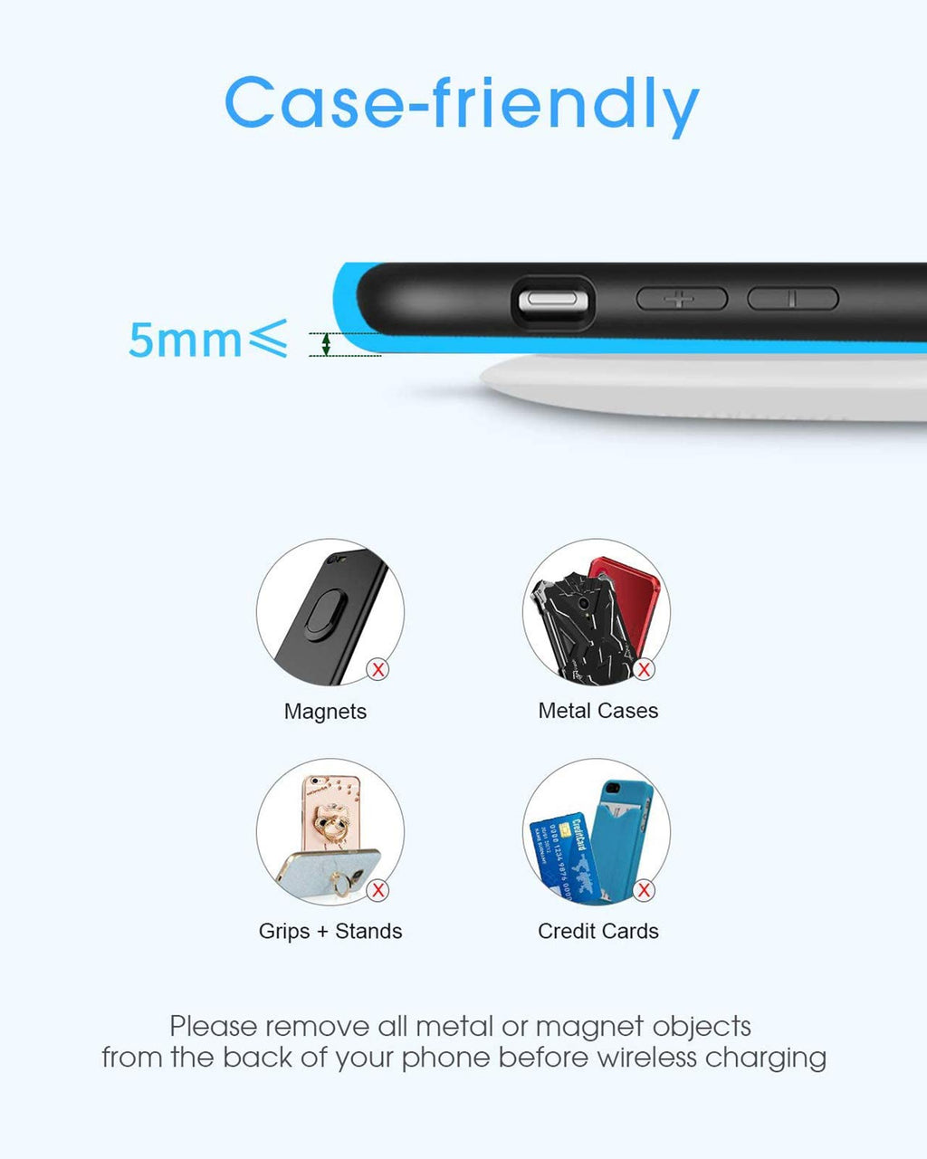 Fast wireless charger for iPhone with case-friendly design supporting up to 5mm phone cases