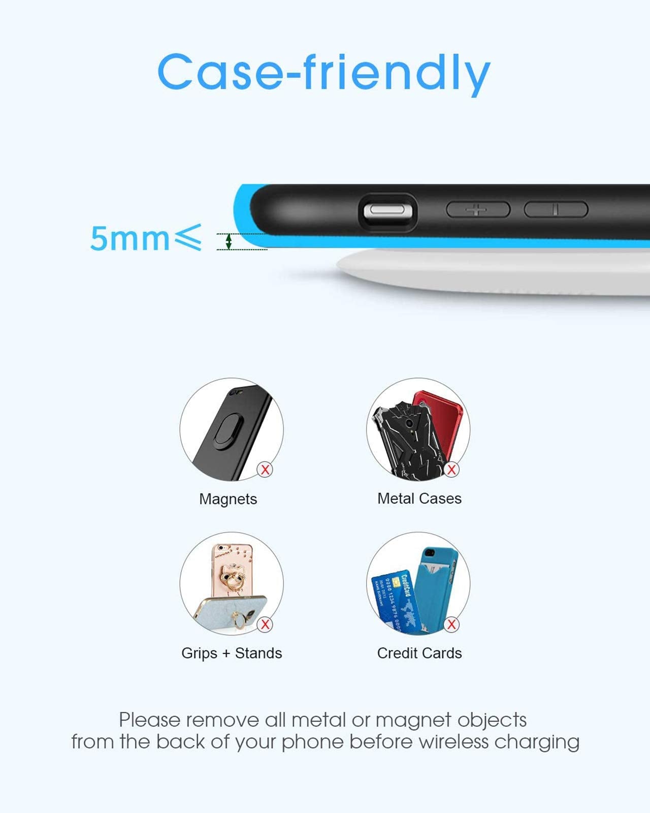 Fast wireless charger for iPhone with case-friendly design supporting up to 5mm phone cases