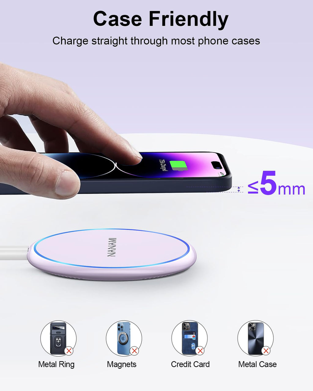 Craques fast wireless charger for iPhone charging through phone cases up to 5mm thick