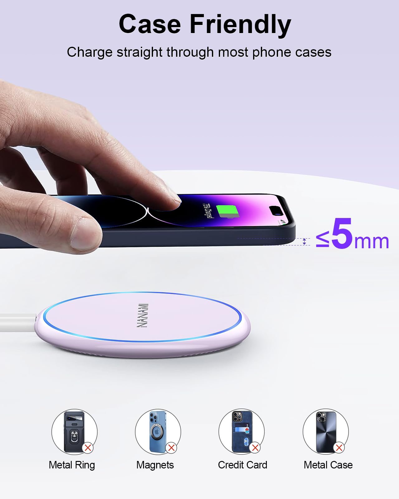Craques fast wireless charger for iPhone charging through phone cases up to 5mm thick