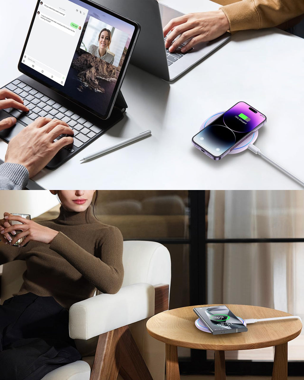 Fast wireless charger for iPhone shown charging phone on desk and table in modern work and home settings