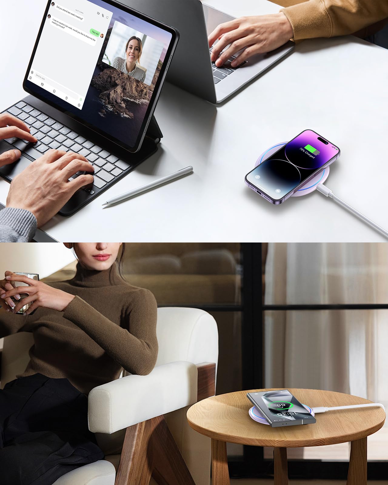 Fast wireless charger for iPhone shown charging phone on desk and table in modern work and home settings