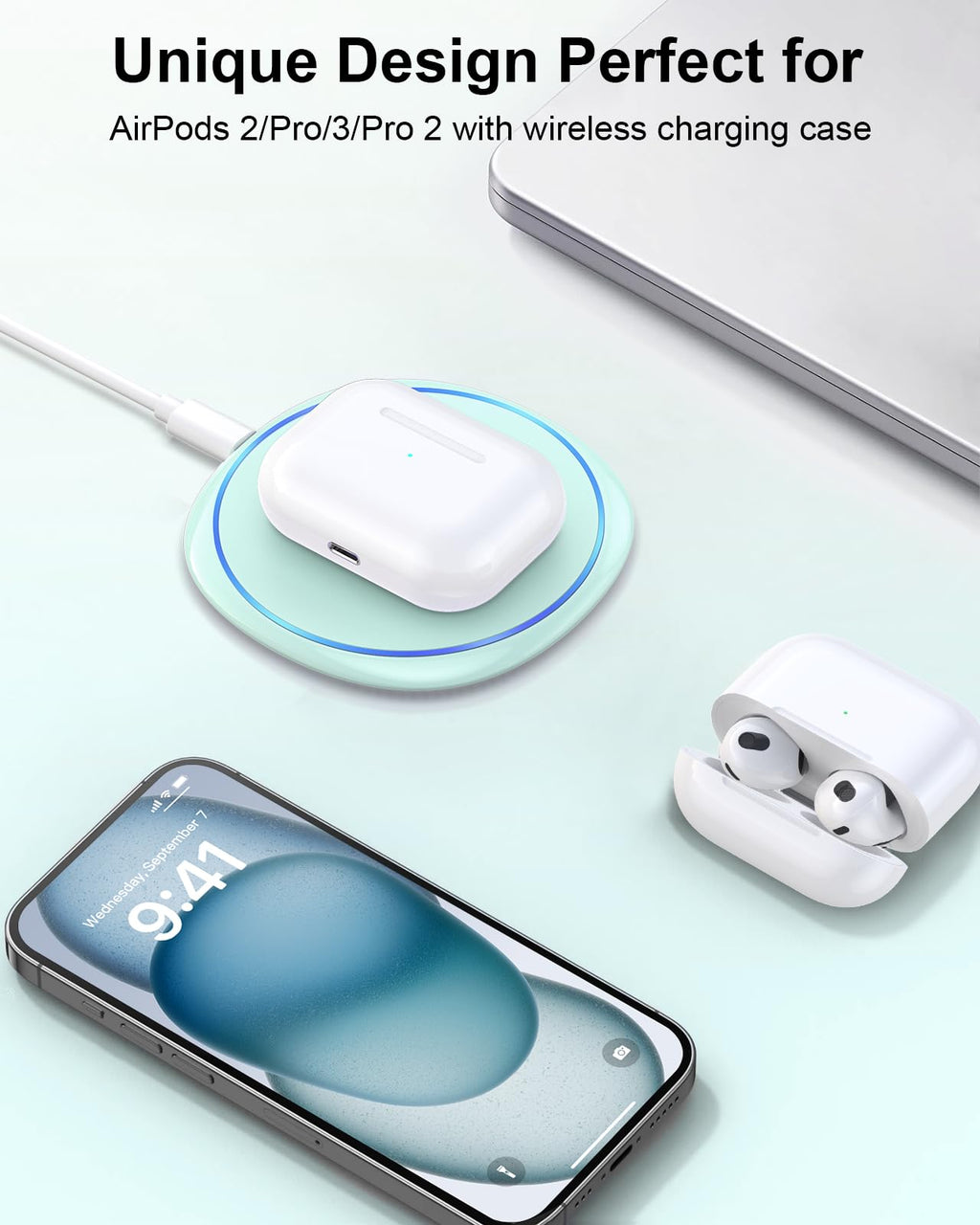 Craques fast wireless charger for iPhone with AirPods wireless charging case on a sleek white pad