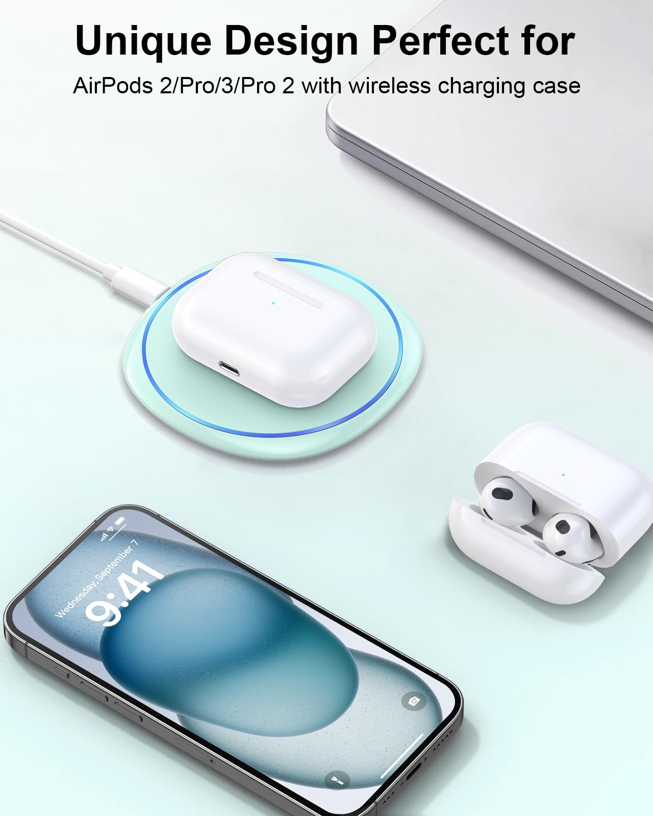 Craques fast wireless charger for iPhone with AirPods wireless charging case on a sleek white pad
