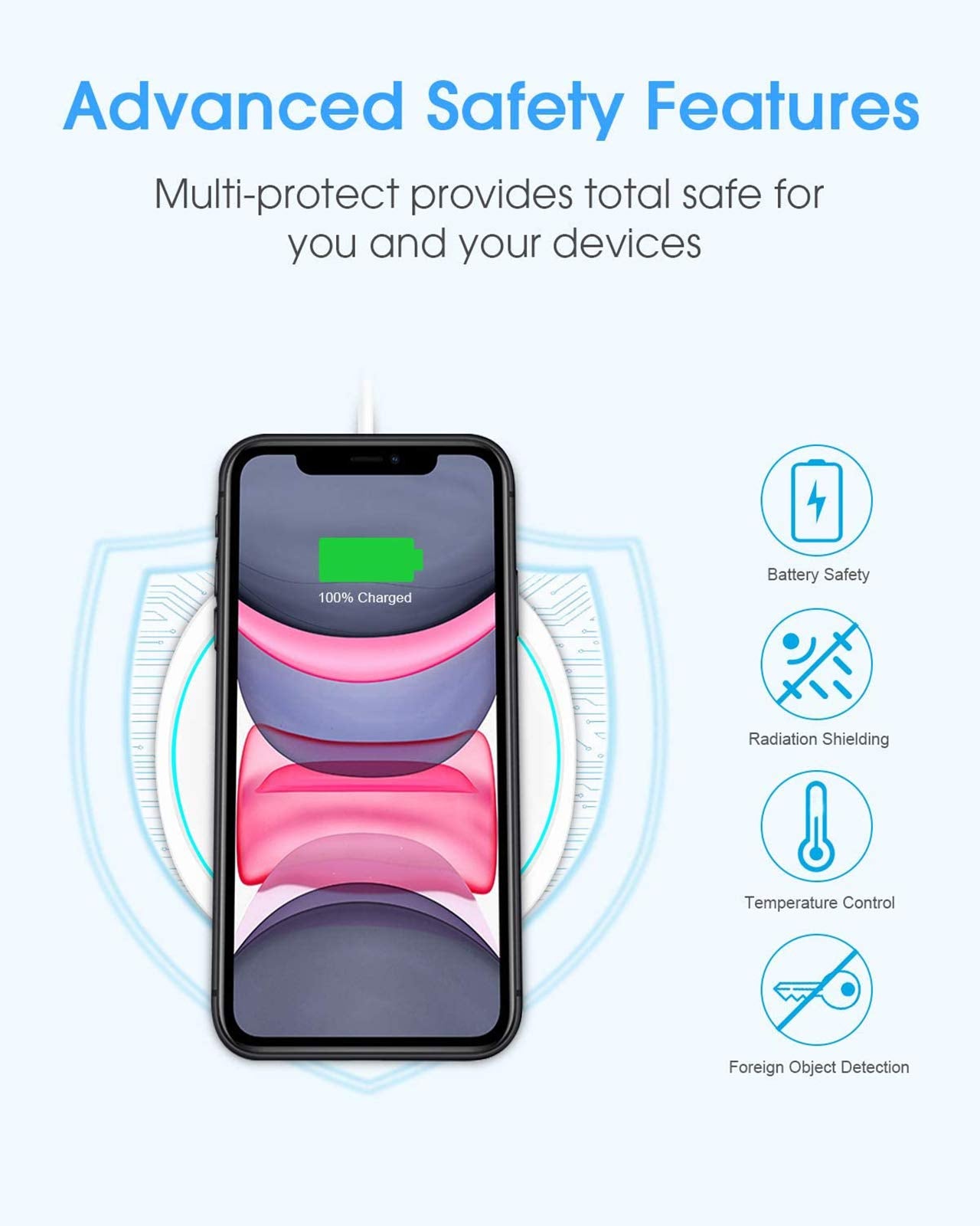 Fast wireless charger for iPhone with advanced safety features including battery safety and temperature control