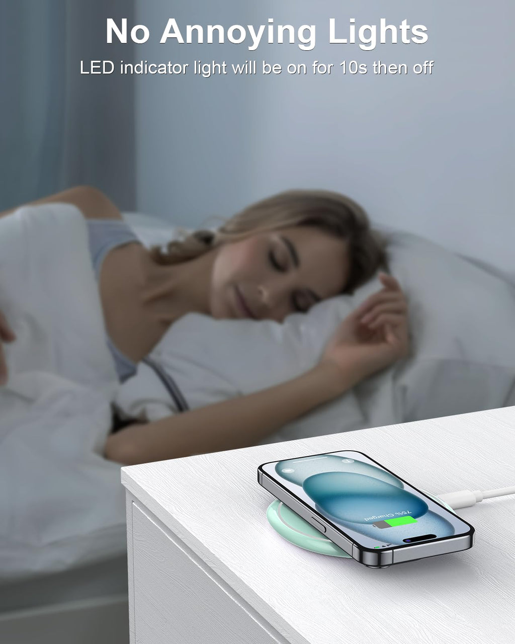 Craques fast wireless charger for iPhone on nightstand with phone charging and woman sleeping peacefully