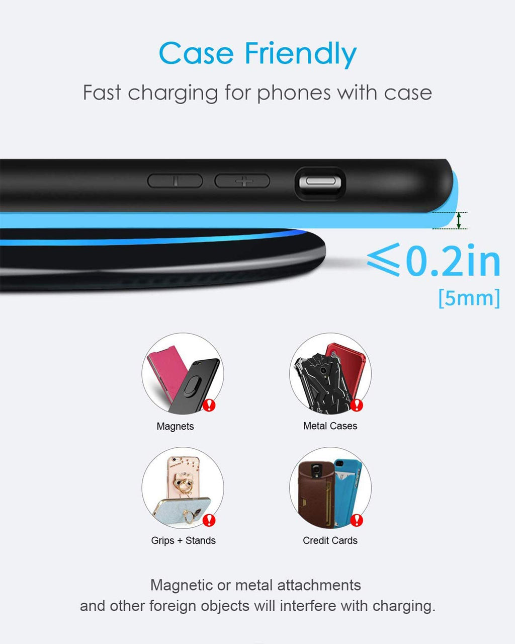 Craques fast wireless charger for iPhone supports charging through phone cases up to 0.2 inch thick