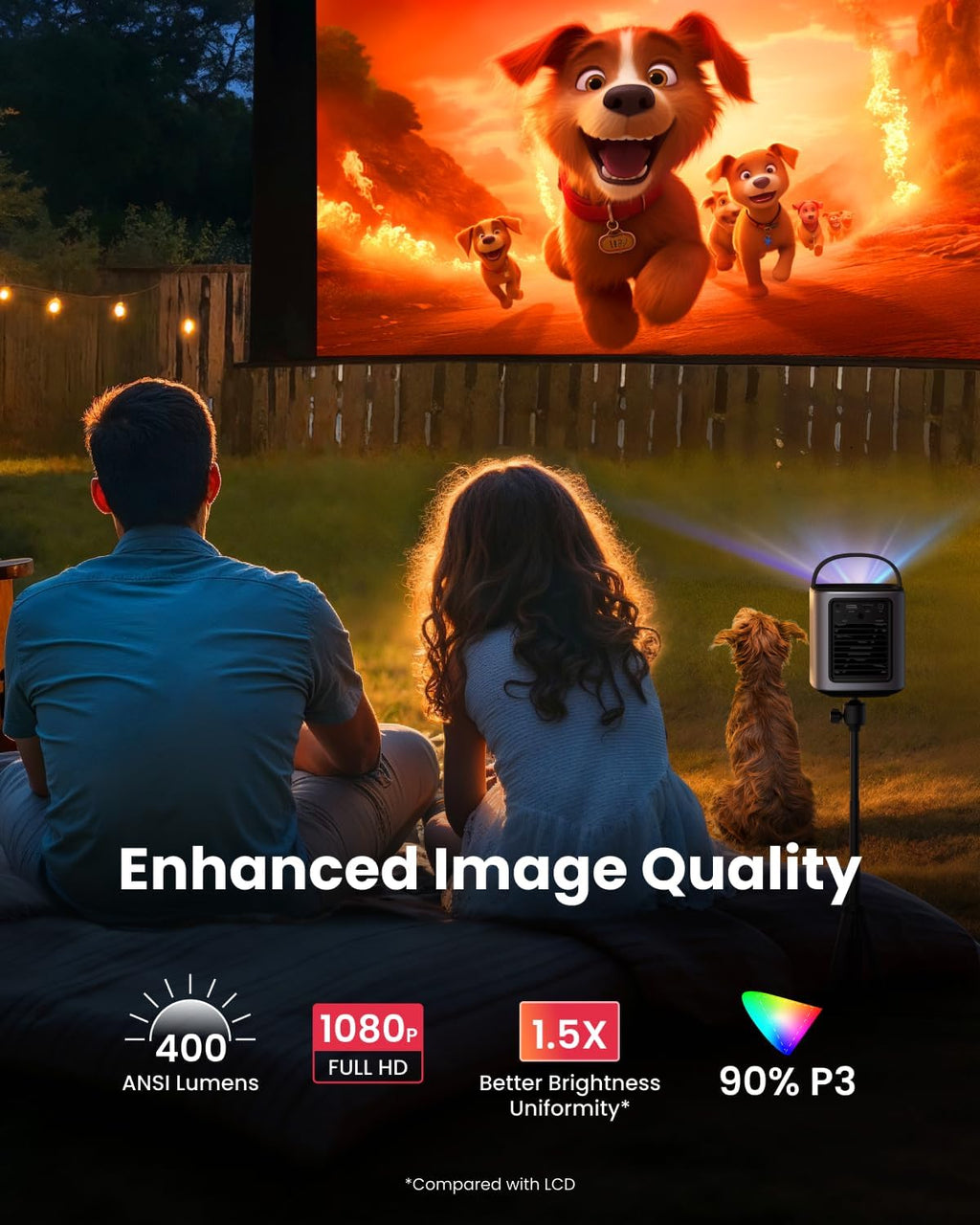 Outdoor movie night with NEBULA Mars 3 Air GTV projector showing animated dogs in bright vivid colors