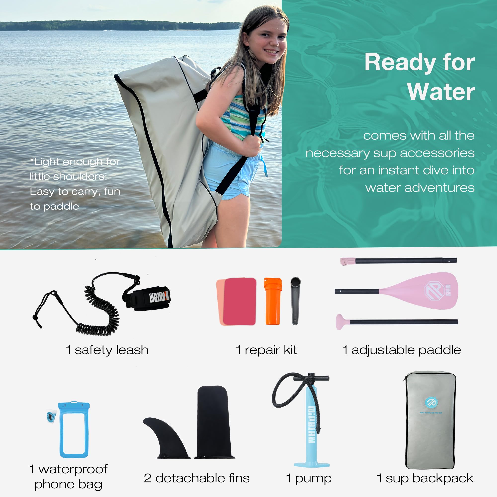 Inflatable stand up paddle board accessories kit including safety leash, repair kit, adjustable paddle, fins, pump, waterproof phone bag, and sup backpack