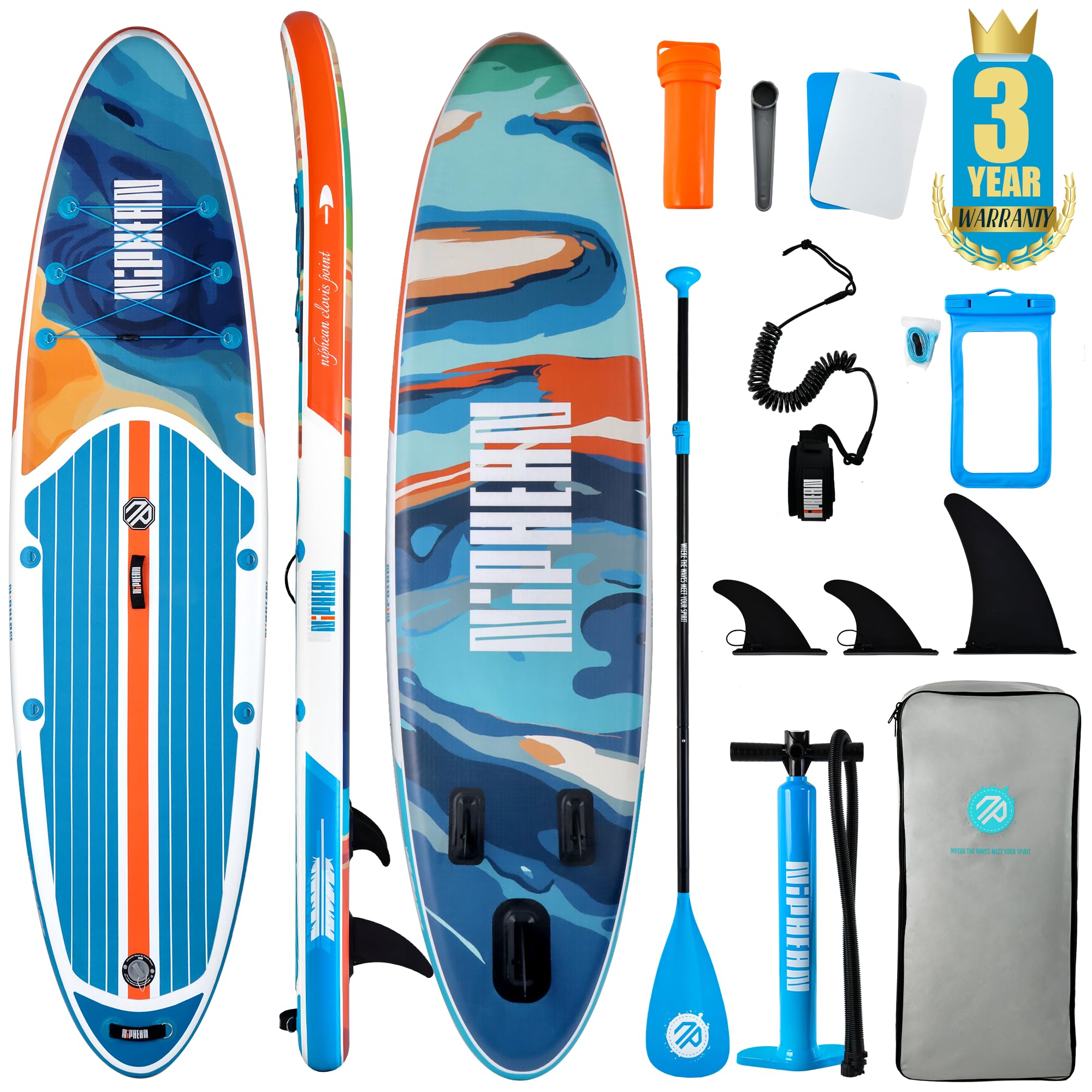 Craques inflatable stand up paddle board with paddle, pump, fins, leash, repair kit, and carrying bag